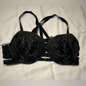 Victoria’s Secret front clasp 34C black and gold lace push up bra